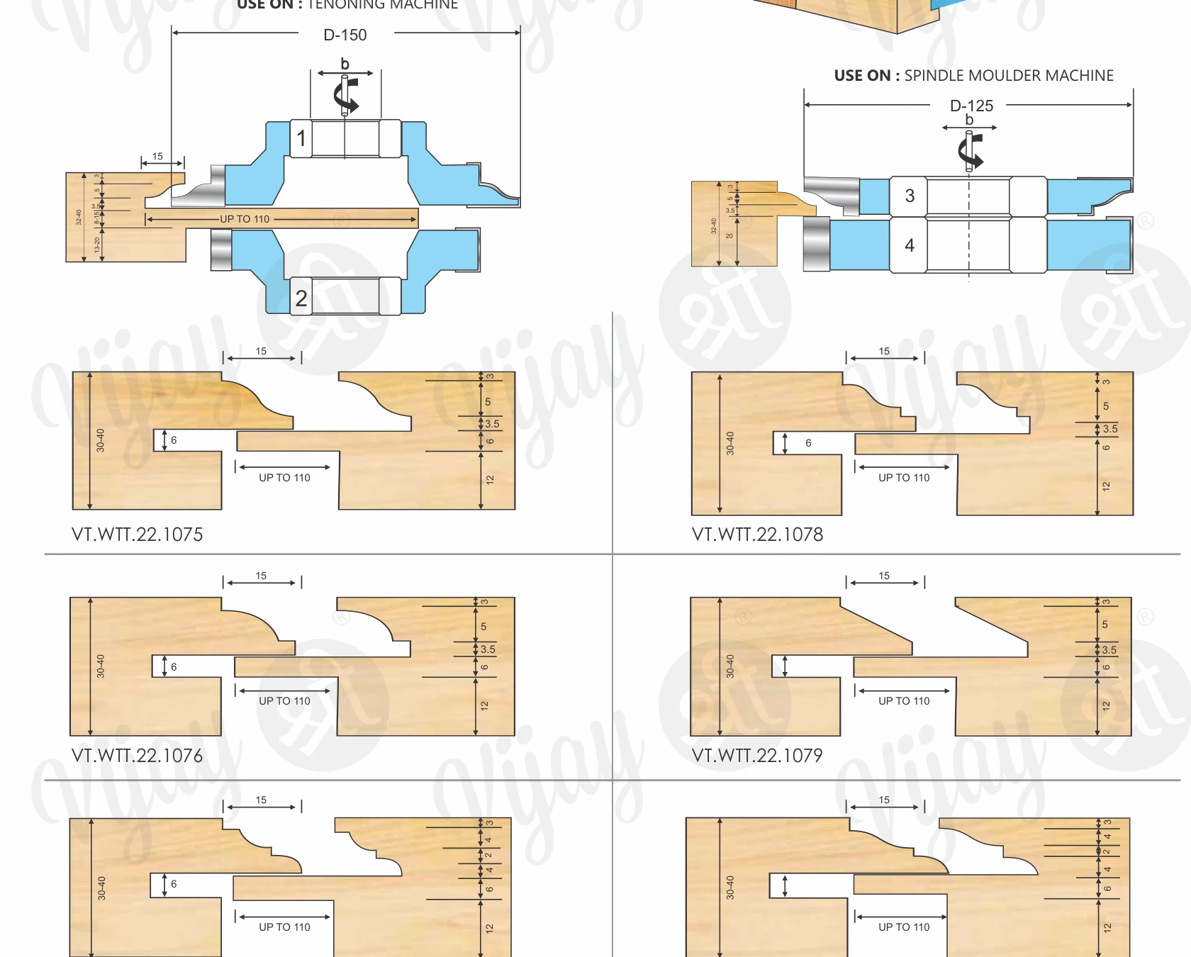 T.C.T Brazed Cutter Head Set For Window — Extra Long Tenon technical dimension drawing