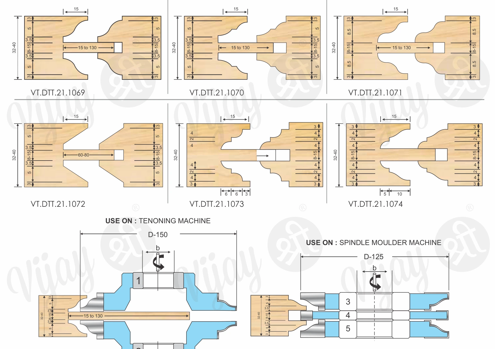 TCT Brazed Cutter Head Set For Door — Extra Long Tenon technical dimension drawing